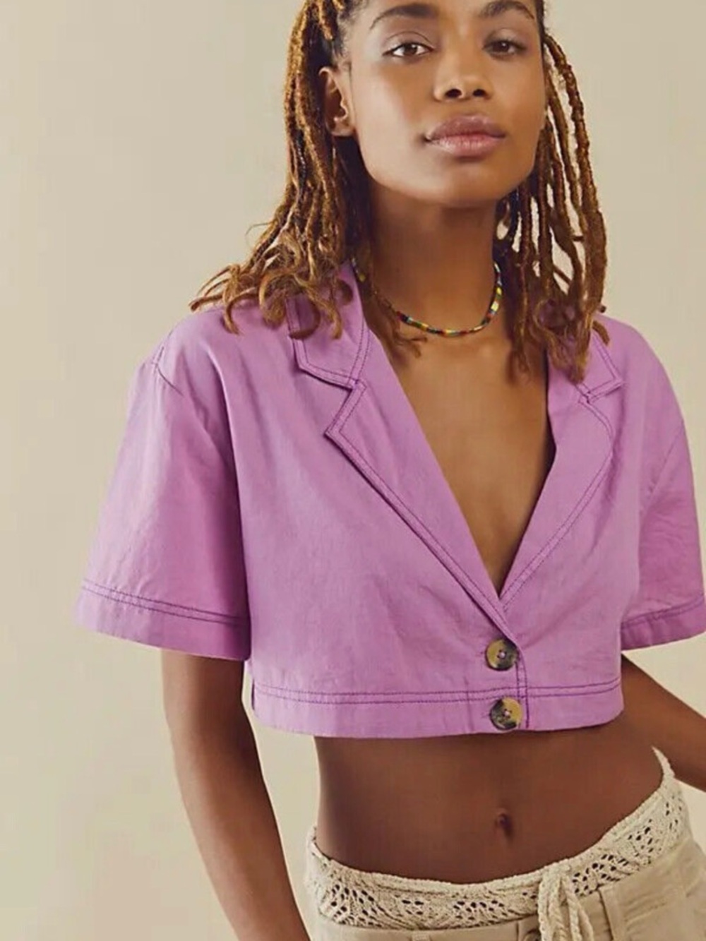 Free People Cropped Lavender Button-Front Collar Top